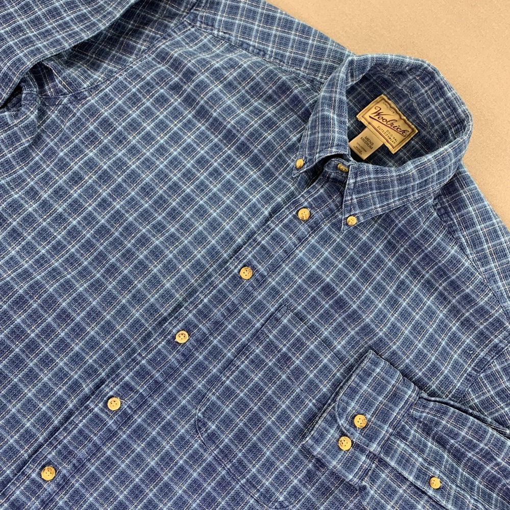 Woolrich Shirt Mens MED Blue Graph Plaid Button Down Long Sleeve Cotton Pocket